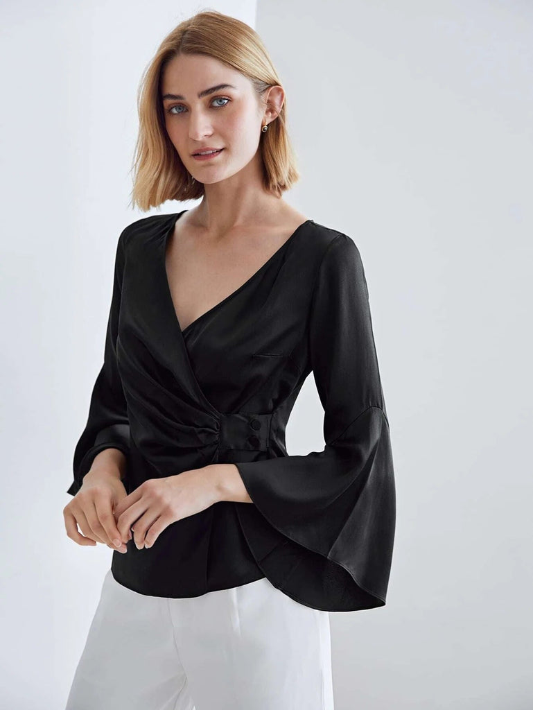 Elegant 100% V Neck Silk Shirt Long Sleeves Silk Top Silk Blouse for Women