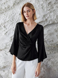Elegantes 100% Seidenhemd mit V-Ausschnitt, langen Ärmeln, Seidentop, Seidenbluse für Frauen