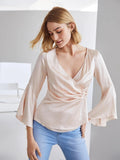 Elegantes 100% Seidenhemd mit V-Ausschnitt, langen Ärmeln, Seidentop, Seidenbluse für Frauen