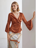 Elegantes 100% Seidenhemd mit V-Ausschnitt, langen Ärmeln, Seidentop, Seidenbluse für Frauen