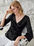 Elegantes 100% Seidenhemd mit V-Ausschnitt, langen Ärmeln, Seidentop, Seidenbluse für Frauen