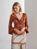 Elegantes 100% Seidenhemd mit V-Ausschnitt, langen Ärmeln, Seidentop, Seidenbluse für Frauen