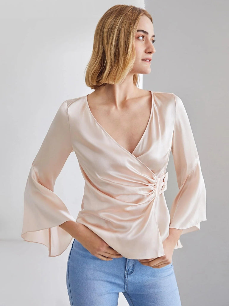 Elegante camisa de seda con cuello en V de 100 %, blusa de seda de manga larga para mujer
