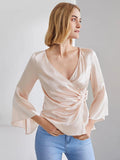 Elegantes 100% Seidenhemd mit V-Ausschnitt, langen Ärmeln, Seidentop, Seidenbluse für Frauen