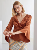 Elegantes 100% Seidenhemd mit V-Ausschnitt, langen Ärmeln, Seidentop, Seidenbluse für Frauen