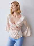 Elegantes 100% Seidenhemd mit V-Ausschnitt, langen Ärmeln, Seidentop, Seidenbluse für Frauen
