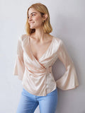 Elegante camisa de seda con cuello en V de 100 %, blusa de seda de manga larga para mujer