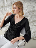 Elegantes 100% Seidenhemd mit V-Ausschnitt, langen Ärmeln, Seidentop, Seidenbluse für Frauen