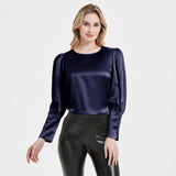 Elegante Damen-Seidenbluse 22 Momme Rundhals-Seidenoberteil mit langen Ärmeln Seidenhemd