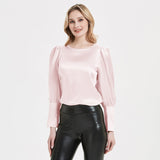 Elegante Damen-Seidenbluse 22 Momme Rundhals-Seidenoberteil mit langen Ärmeln Seidenhemd