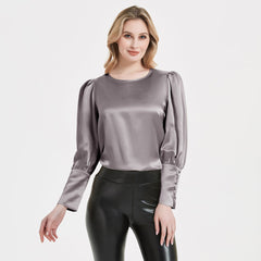 Elegant Womens Silk Blouse 22 Momme Round Neck Silk Top Long Sleeves Silk Shirt
