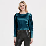 Elegante Damen-Seidenbluse 22 Momme Rundhals-Seidenoberteil mit langen Ärmeln Seidenhemd