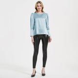 Elegante Damen-Seidenbluse 22 Momme Rundhals-Seidenoberteil mit langen Ärmeln Seidenhemd