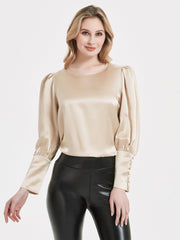 Elegant Womens Silk Blouse 22 Momme Round Neck Silk Top Long Sleeves Silk Shirt