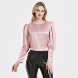 Elegante Damen-Seidenbluse 22 Momme Rundhals-Seidenoberteil mit langen Ärmeln Seidenhemd