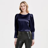 Elegante Damen-Seidenbluse 22 Momme Rundhals-Seidenoberteil mit langen Ärmeln Seidenhemd