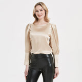 Elegante Damen-Seidenbluse 22 Momme Rundhals-Seidenoberteil mit langen Ärmeln Seidenhemd