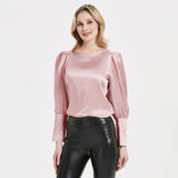 Elegante Damen-Seidenbluse 22 Momme Rundhals-Seidenoberteil mit langen Ärmeln Seidenhemd