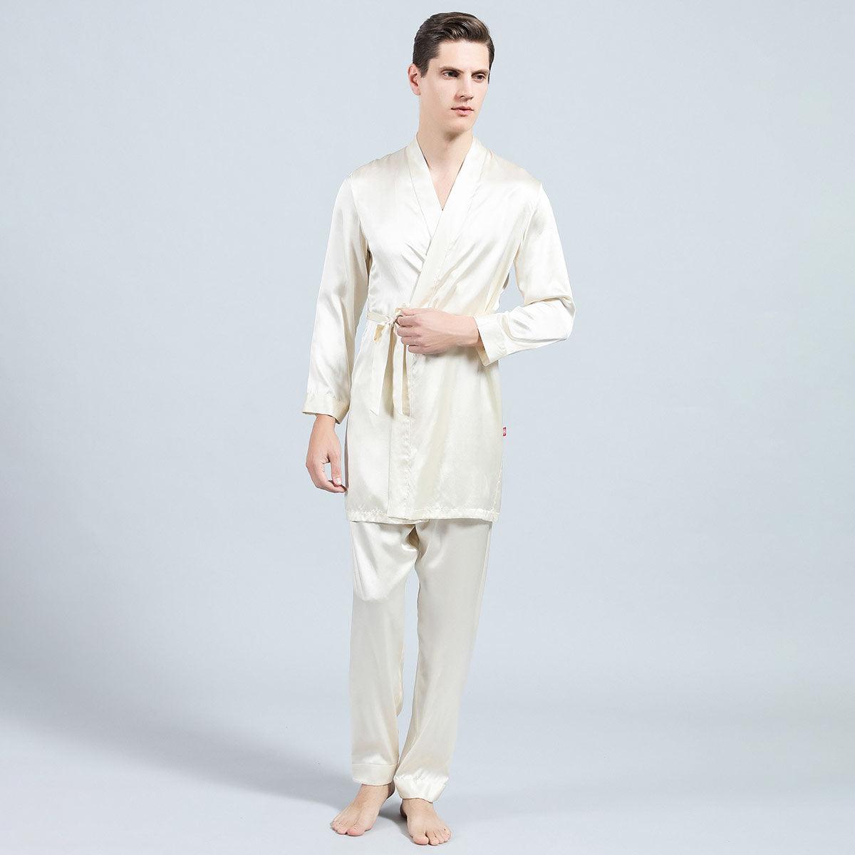 Long Men Silk Pajamas Set with Robe luxury Silk sleepwear - DIANASILK