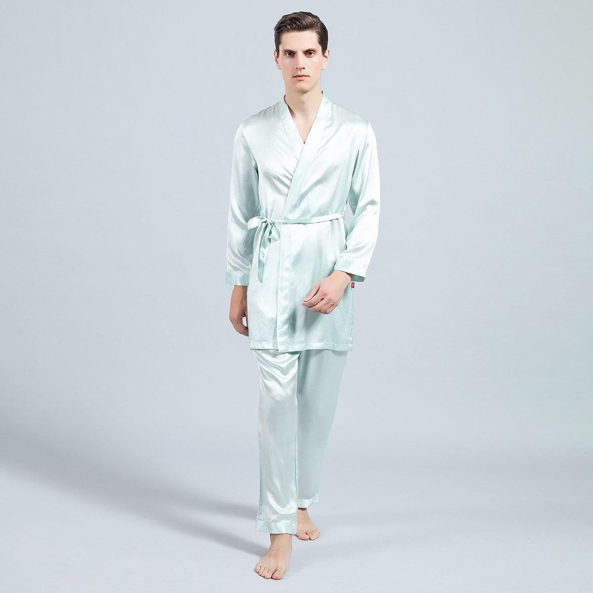 Long Men Silk Pajamas Set with Robe luxury Silk sleepwear - DIANASILK