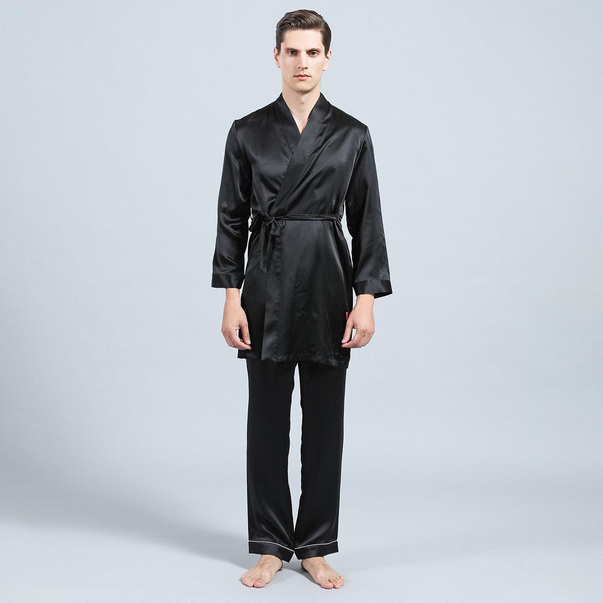 Long Men Silk Pajamas Set with Robe luxury Silk sleepwear - DIANASILK