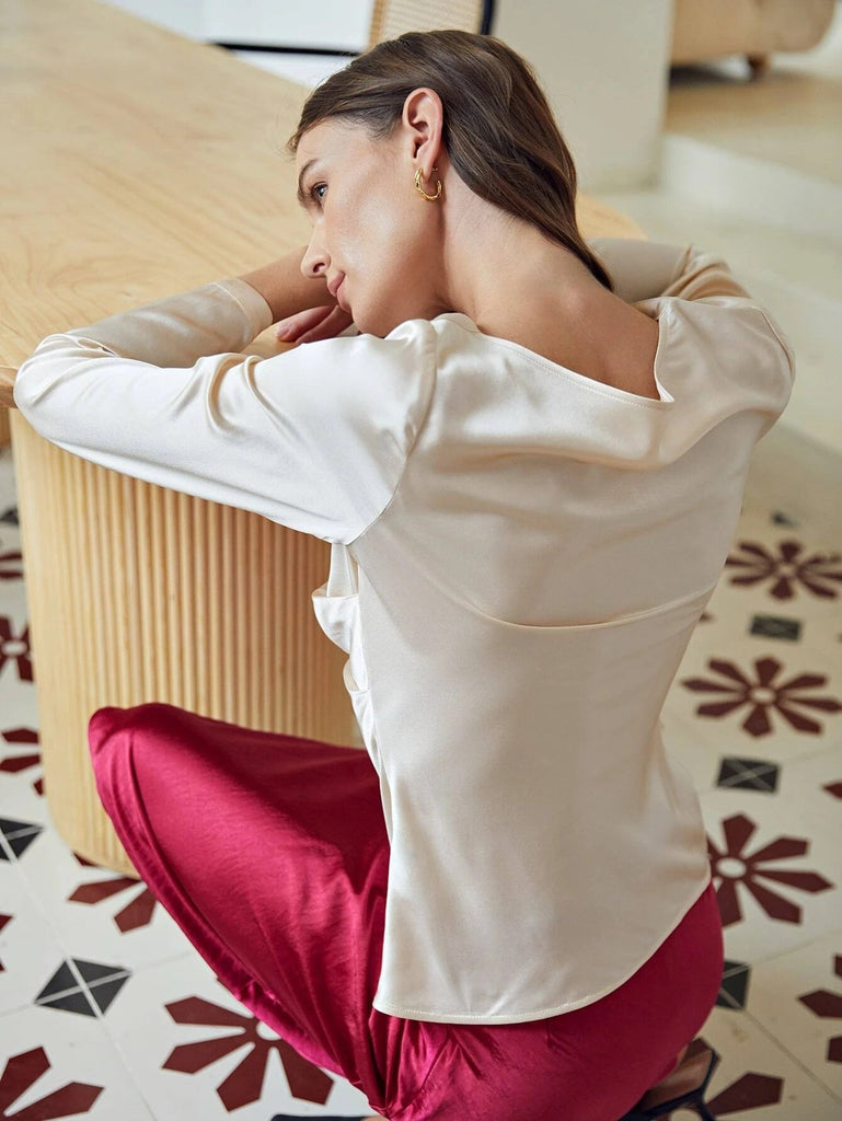 Camisa de seda superior drapeada de manga larga con cuello redondo de seda elegante de lujo 100%