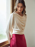 Luxury Elegant 100% Silk Round Neck Long Sleeve Draped Top Silk Shirt