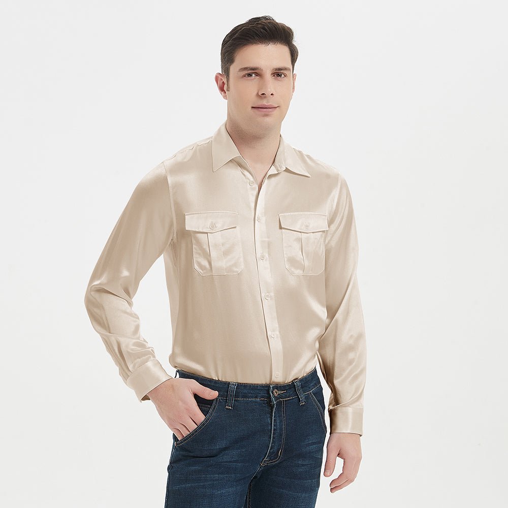 Camisas de seda de lujo para hombre Top de seda de manga larga de seda de morera 100% con dos bolsillos de parche