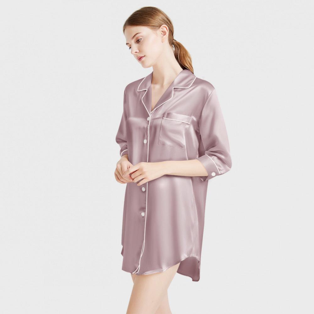 Luxury Women's 3/4 Sleeve Button Down Sleep Shirt 100% Mulberry Silk  Nightgown