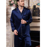 Mens Blue Long silk pajamas Set with flowers Silk Nightwear - DIANASILK