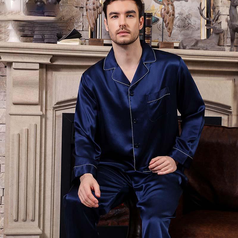 Mens Blue Long silk pajamas Set with flowers Silk Nightwear - DIANASILK