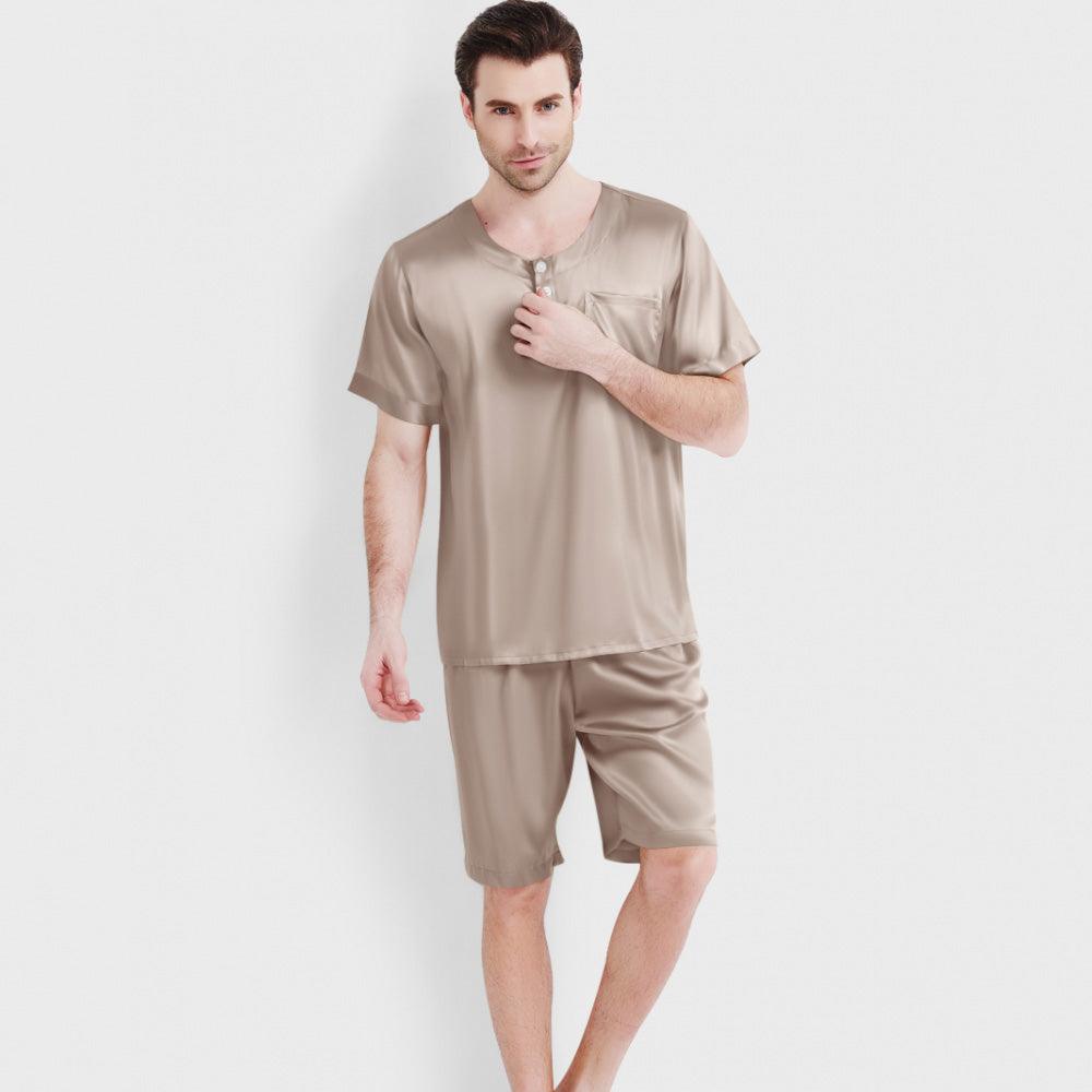 Men's Silk Short Pajama Set Silk Lounge Pajama Shorts 2 Piece Outfits Short Sleeve PJS - DIANASILK
