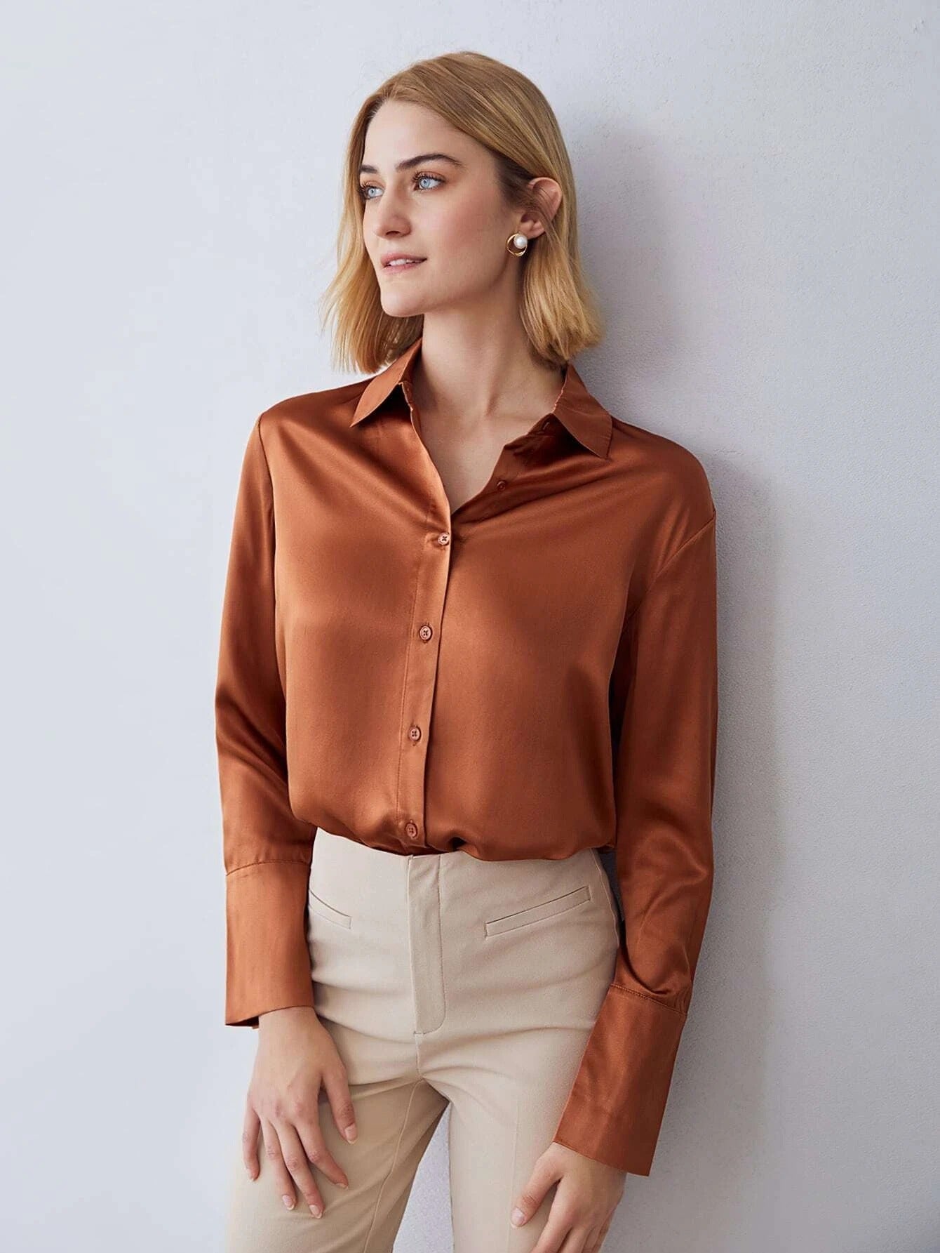 Modern 100% Silk Long Sleeves Silk Staight Fit Top Silk Blouse for Women