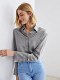 Moderna blusa de seda de manga larga de seda 100% de corte recto para mujer