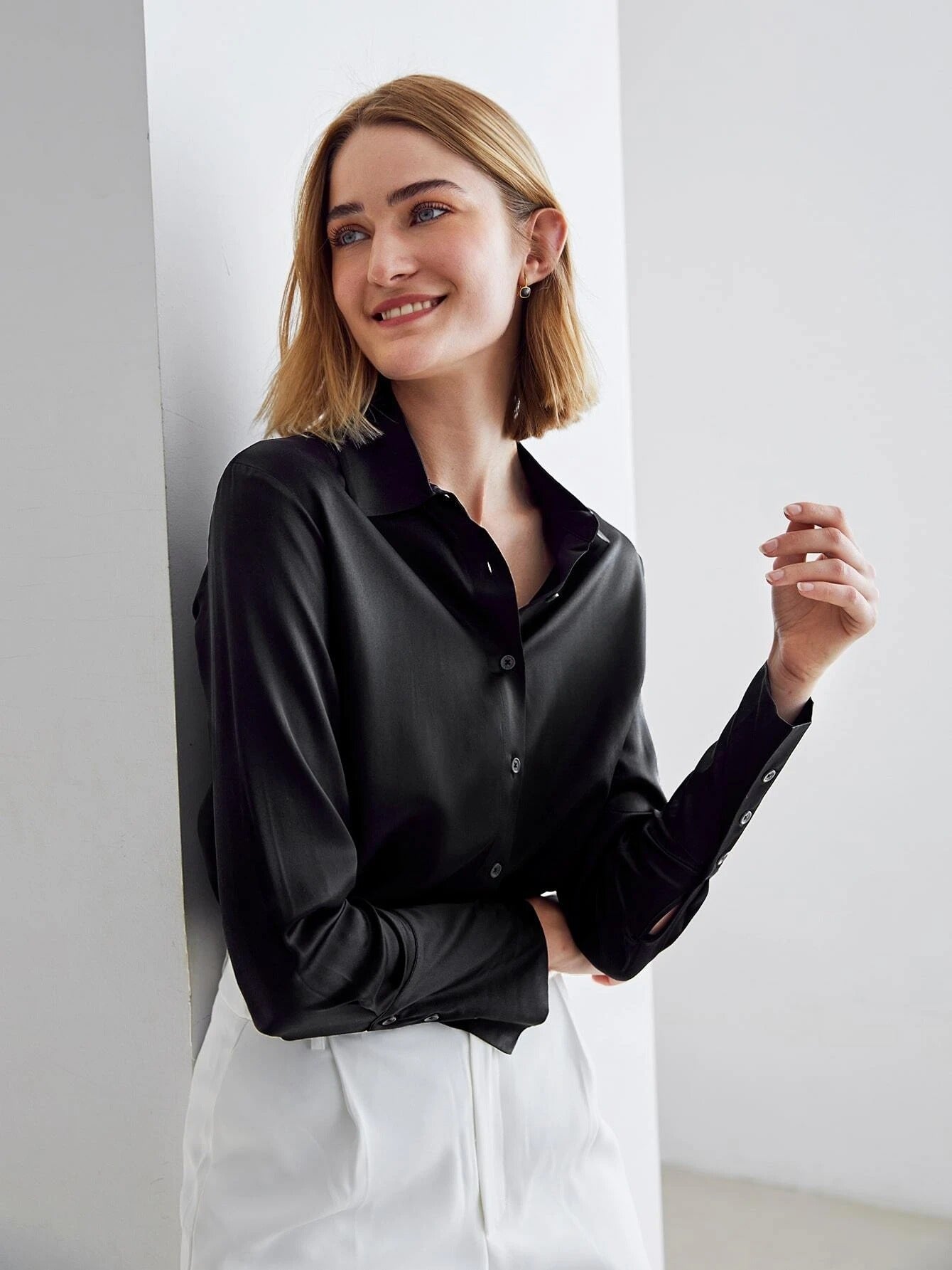 Moderna blusa de seda de manga larga de seda 100% de corte recto para mujer
