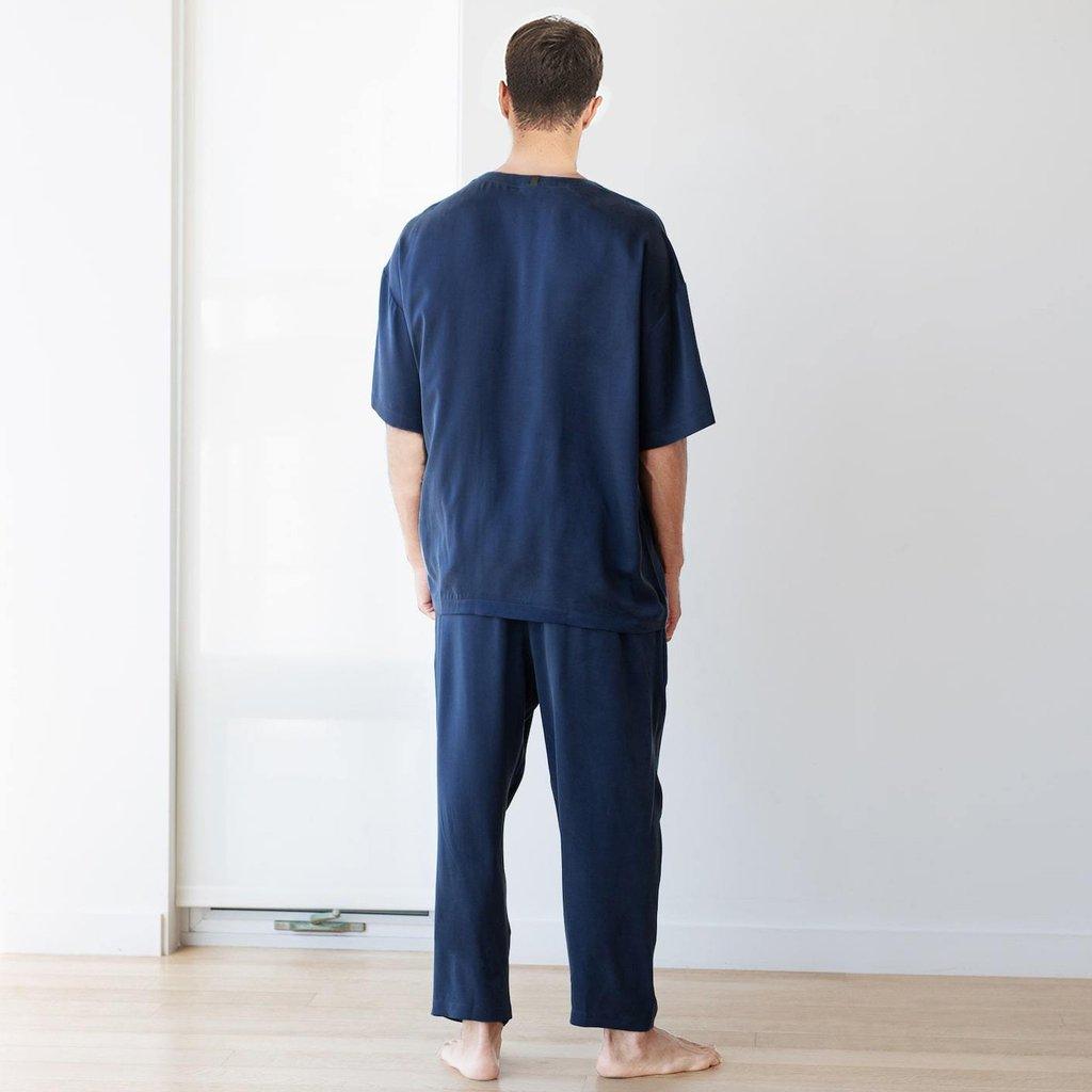 O Neck Men's Short Sleeve Silk Pajamas Simple Crew Short Silk Pajama Set - DIANASILK