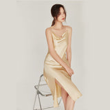 Sexy Ladies Silk Split Hem Nightgown 100% Mulberry Silk  Sleepwear Swing Collar Silk Dress