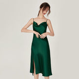 Sexy Ladies Silk Split Hem Nightgown 100% Mulberry Silk  Sleepwear Swing Collar Silk Dress