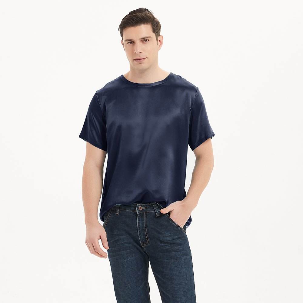 Camisas de seda de manga corta para hombres Cómodas camisetas de seda con cuello redondo