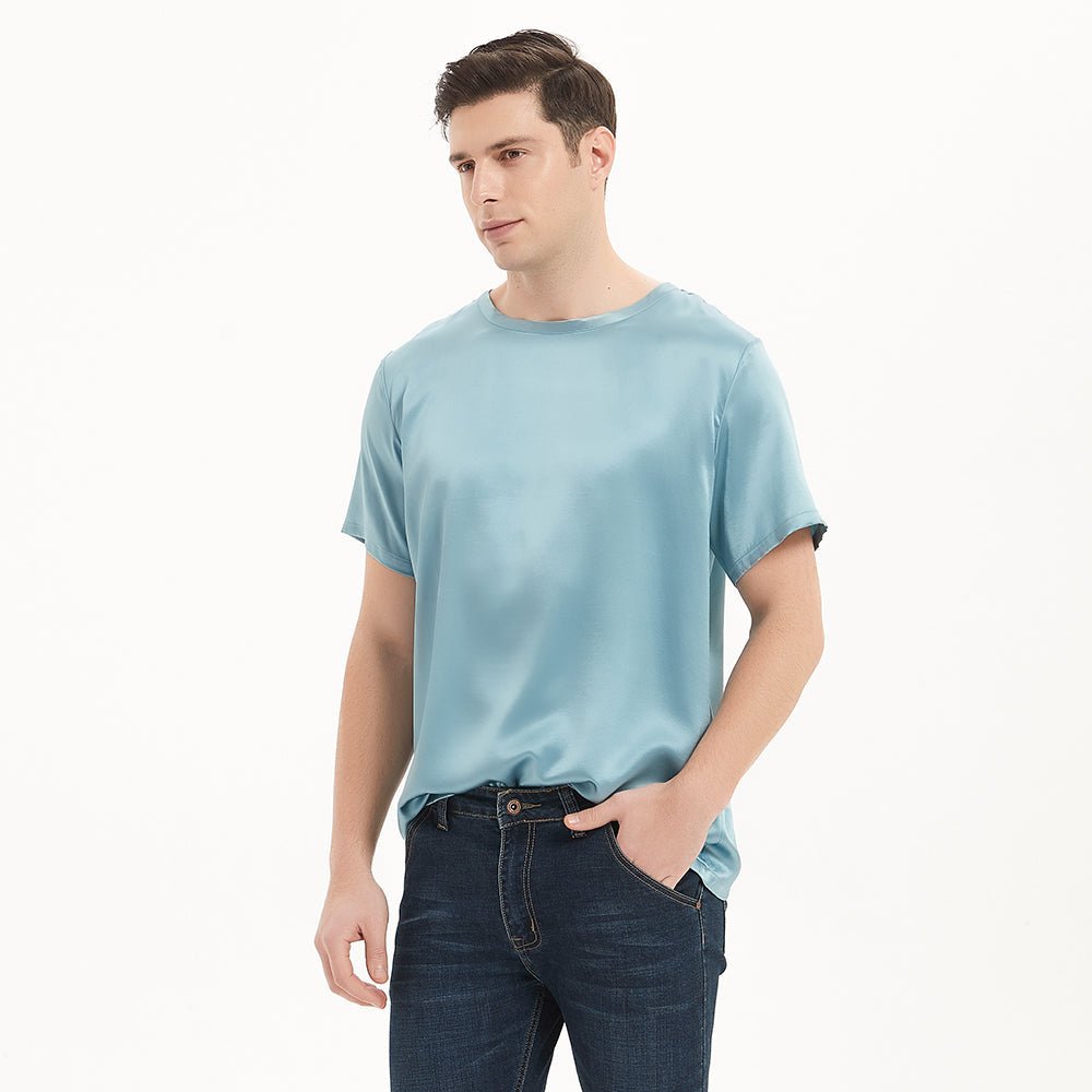 Camisas de seda de manga corta para hombres Cómodas camisetas de seda con cuello redondo