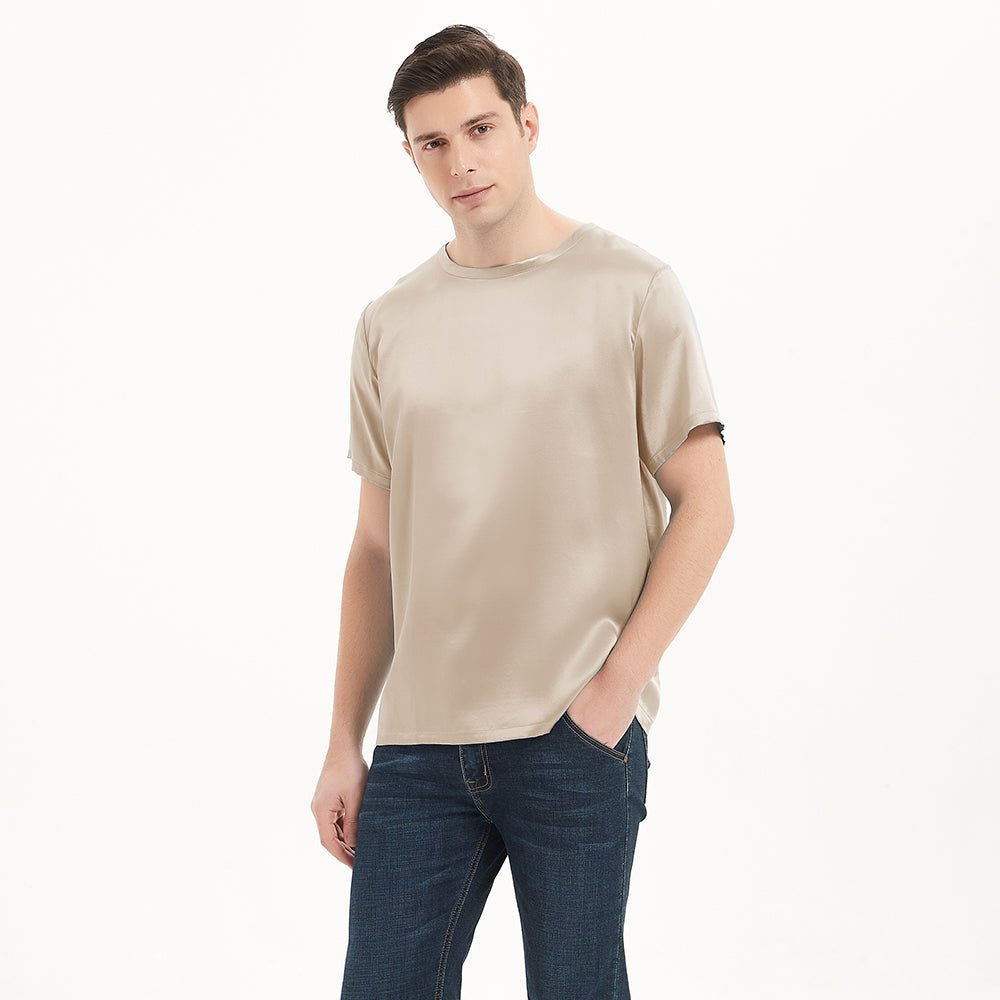 Chemises en soie à manches courtes pour hommes T-shirts en soie à col rond confortables