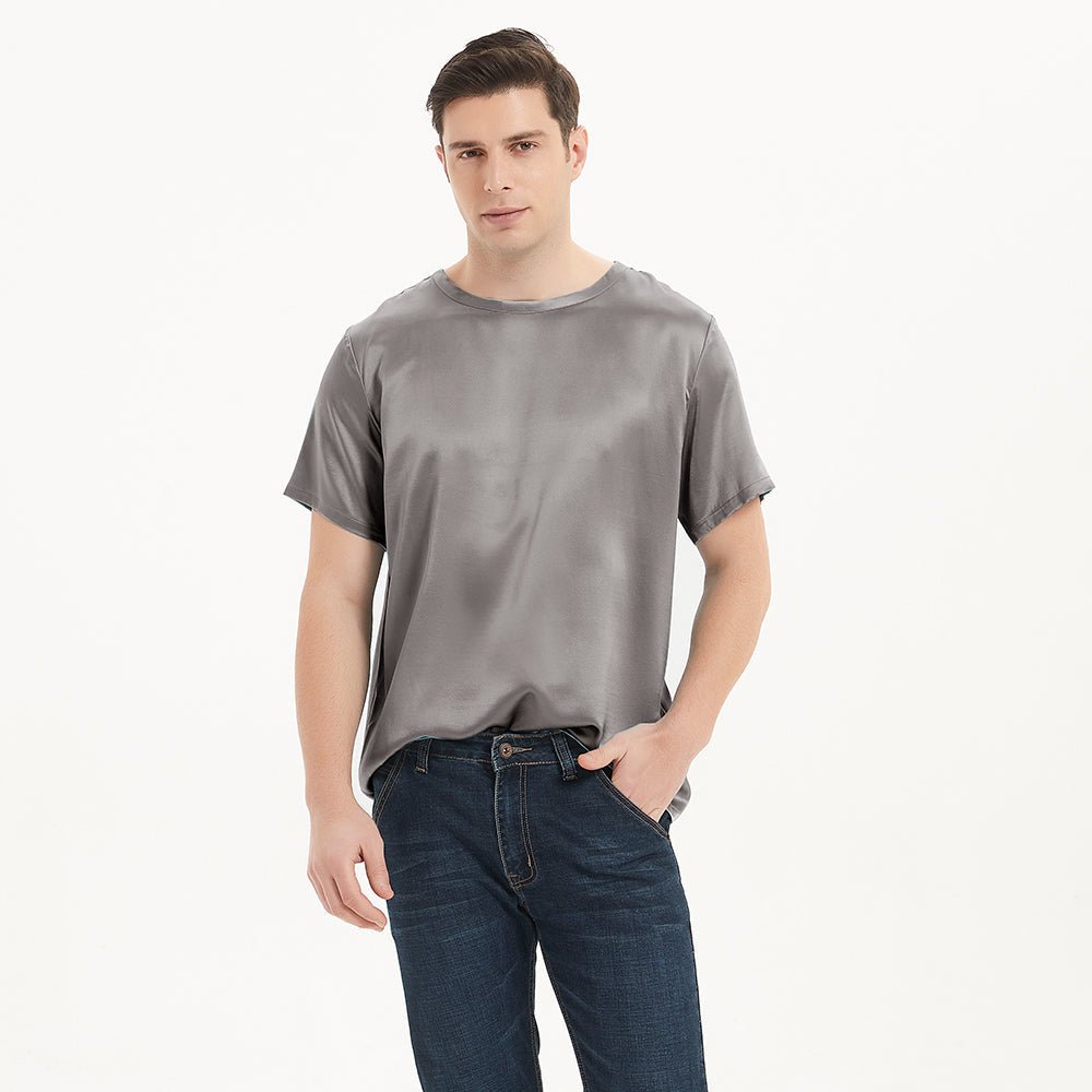 Chemises en soie à manches courtes pour hommes T-shirts en soie à col rond confortables