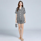 Silk Checkerboard Printed Shorts Pajamas Set Short Sleeves Ladies Silk Sleepwear