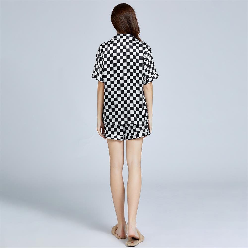Silk Checkerboard Printed Shorts Pajamas Set Short Sleeves Ladies Silk Sleepwear