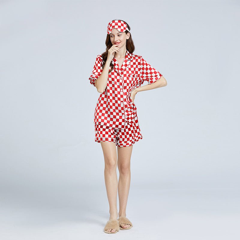 Conjunto de pijama con pantalones cortos estampados de tablero de ajedrez de seda, ropa de dormir de seda de manga corta para mujer