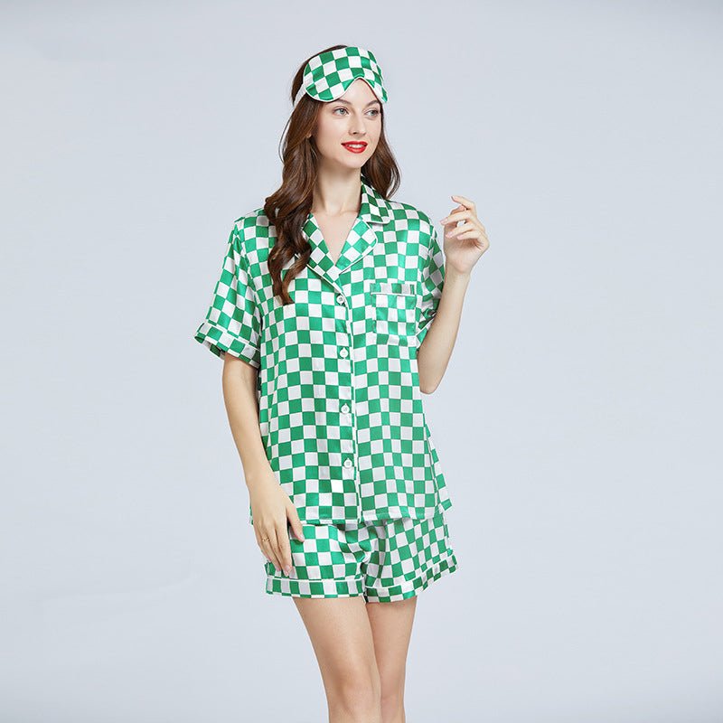 Silk Checkerboard Printed Shorts Pyjama Set Short Sleeves Damen Seide Nachtwäsche