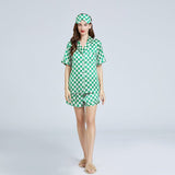 Silk Checkerboard Printed Shorts Pajamas Set Short Sleeves Ladies Silk Sleepwear