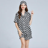 Silk Checkerboard Printed Shorts Pajamas Set Short Sleeves Ladies Silk Sleepwear
