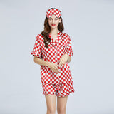 Silk Checkerboard Printed Shorts Pajamas Set Short Sleeves Ladies Silk Sleepwear