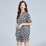 Silk Checkerboard Printed Shorts Pajamas Set Short Sleeves Ladies Silk Sleepwear